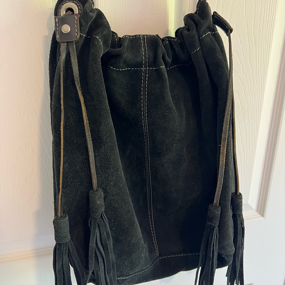 Vintage Lucky Brand Black Suede Leather Hobo Bag Purse 90s/Y2k fringe tassels